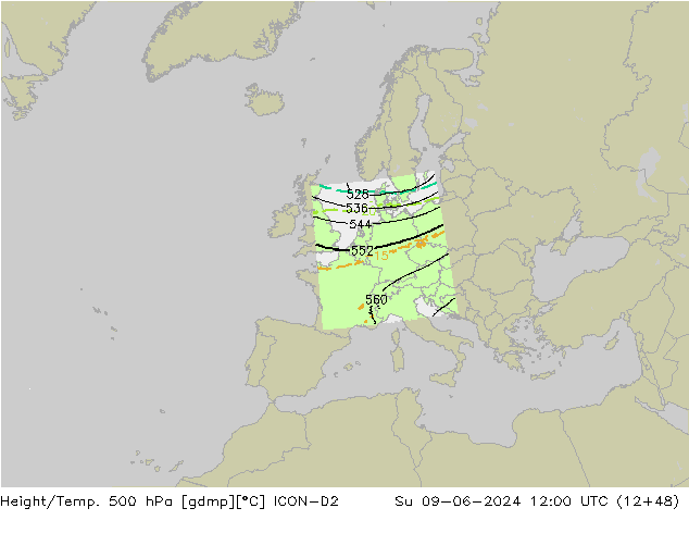 Yükseklik/Sıc. 500 hPa ICON-D2 Paz 09.06.2024 12 UTC