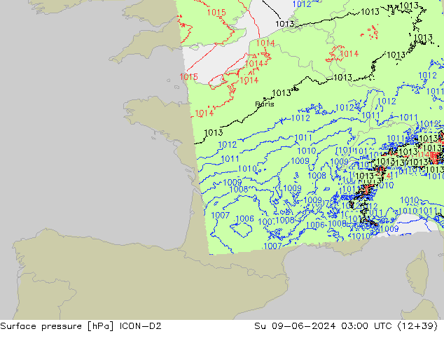 Surface pressure ICON-D2 Su 09.06.2024 03 UTC