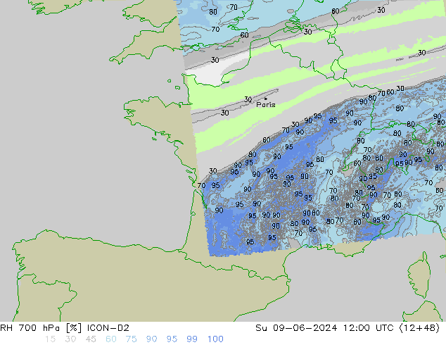 RH 700 hPa ICON-D2 Su 09.06.2024 12 UTC