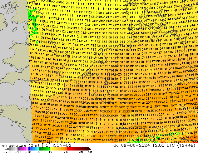 mapa temperatury (2m) ICON-D2 nie. 09.06.2024 12 UTC