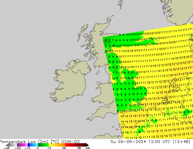 Temperature Low (2m) ICON-D2 Su 09.06.2024 12 UTC