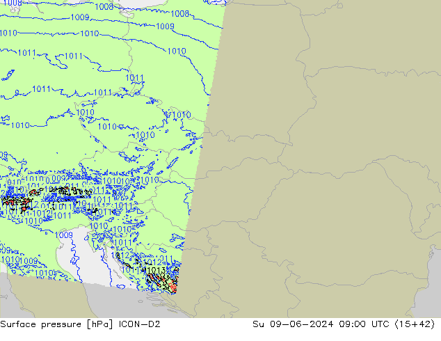 Presión superficial ICON-D2 dom 09.06.2024 09 UTC