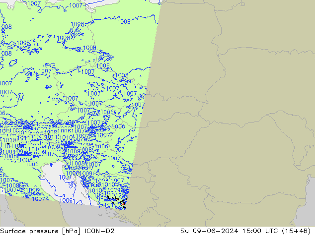 Pressione al suolo ICON-D2 dom 09.06.2024 15 UTC