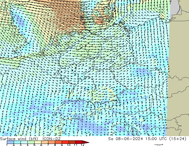 Wind 10 m (bft) ICON-D2 za 08.06.2024 15 UTC