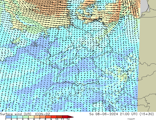 Bodenwind (bft) ICON-D2 Sa 08.06.2024 21 UTC