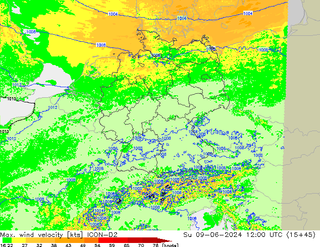 Max. wind velocity ICON-D2  09.06.2024 12 UTC