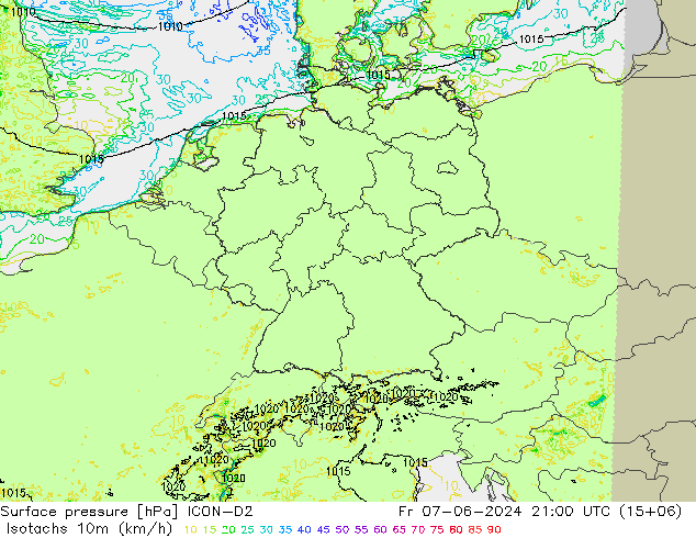 Isotaca (kph) ICON-D2 vie 07.06.2024 21 UTC