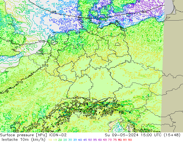 Isotachen (km/h) ICON-D2 zo 09.06.2024 15 UTC