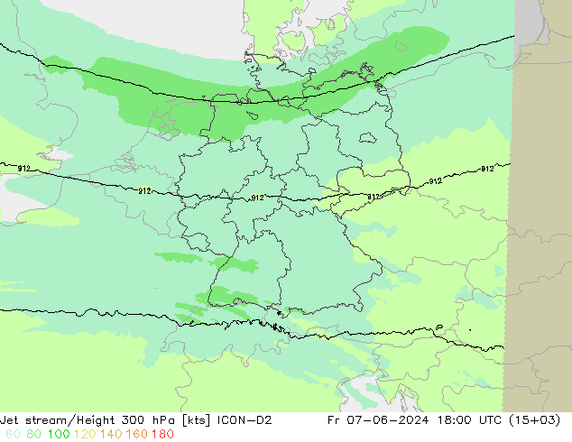 Jet stream/Height 300 hPa ICON-D2 Pá 07.06.2024 18 UTC