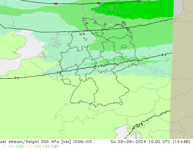 Jet stream/Height 300 hPa ICON-D2 Su 09.06.2024 15 UTC