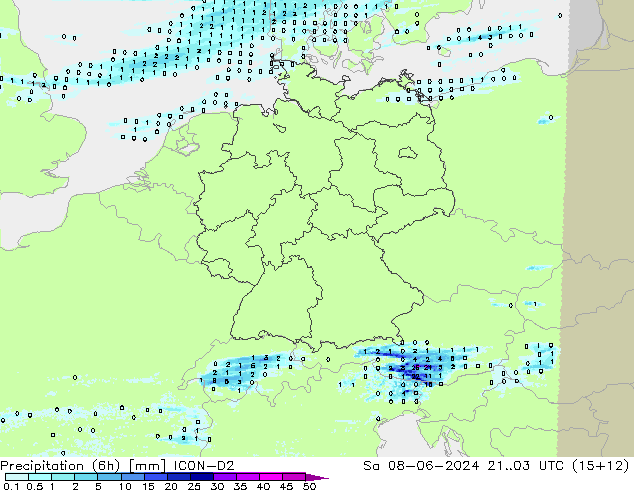 Precipitation (6h) ICON-D2 Sa 08.06.2024 03 UTC