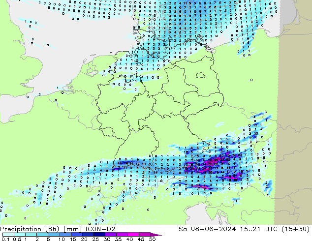 осадки (6h) ICON-D2 сб 08.06.2024 21 UTC