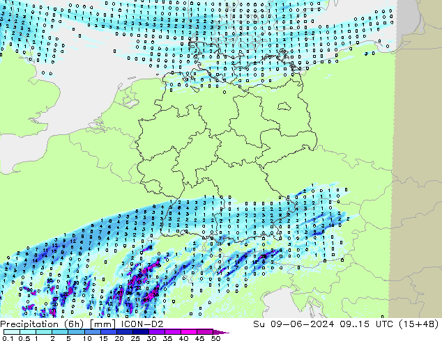 осадки (6h) ICON-D2 Вс 09.06.2024 15 UTC