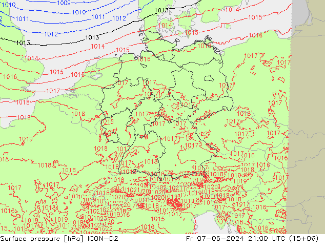 Surface pressure ICON-D2 Fr 07.06.2024 21 UTC