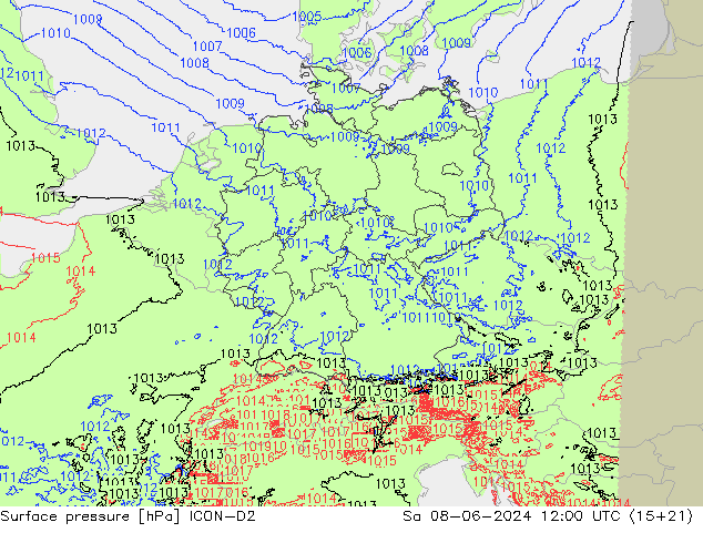 Presión superficial ICON-D2 sáb 08.06.2024 12 UTC