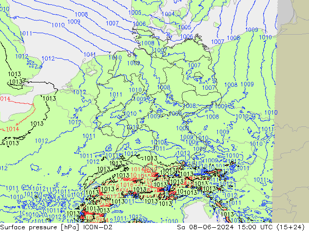 Presión superficial ICON-D2 sáb 08.06.2024 15 UTC