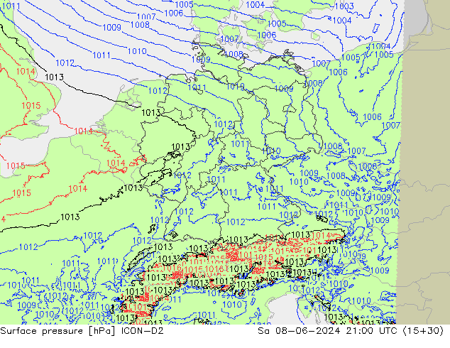 Surface pressure ICON-D2 Sa 08.06.2024 21 UTC