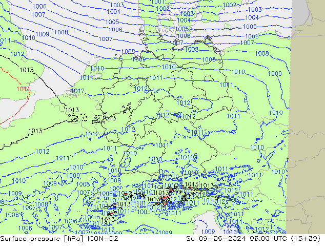 Luchtdruk (Grond) ICON-D2 zo 09.06.2024 06 UTC