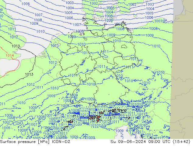 pressão do solo ICON-D2 Dom 09.06.2024 09 UTC