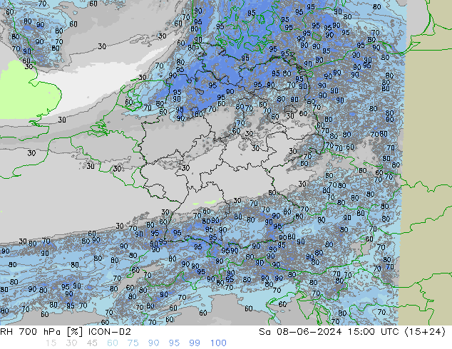 RH 700 hPa ICON-D2 so. 08.06.2024 15 UTC