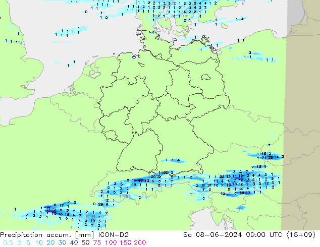 Precipitation accum. ICON-D2 сб 08.06.2024 00 UTC