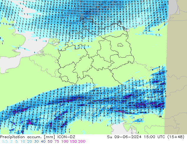 Precipitation accum. ICON-D2 Dom 09.06.2024 15 UTC