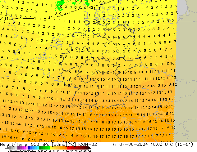 Geop./Temp. 850 hPa ICON-D2 vie 07.06.2024 16 UTC