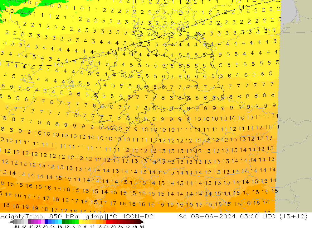 Height/Temp. 850 hPa ICON-D2 Sa 08.06.2024 03 UTC