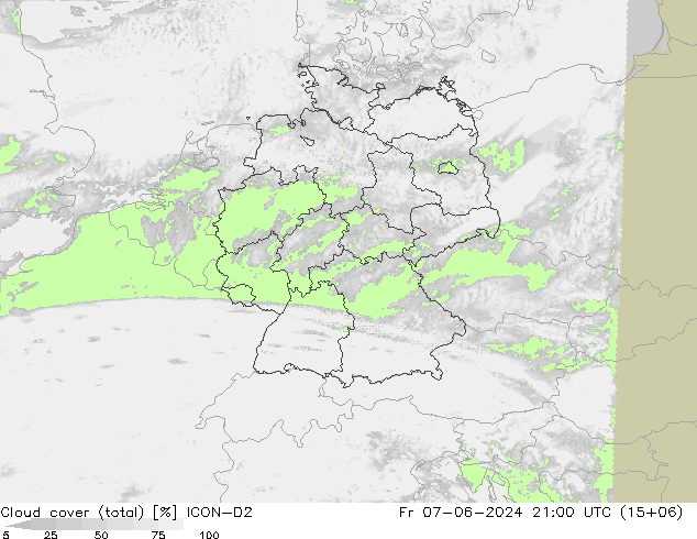Cloud cover (total) ICON-D2 Pá 07.06.2024 21 UTC