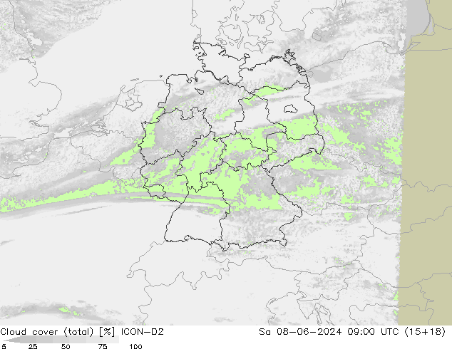 Bewolking (Totaal) ICON-D2 za 08.06.2024 09 UTC