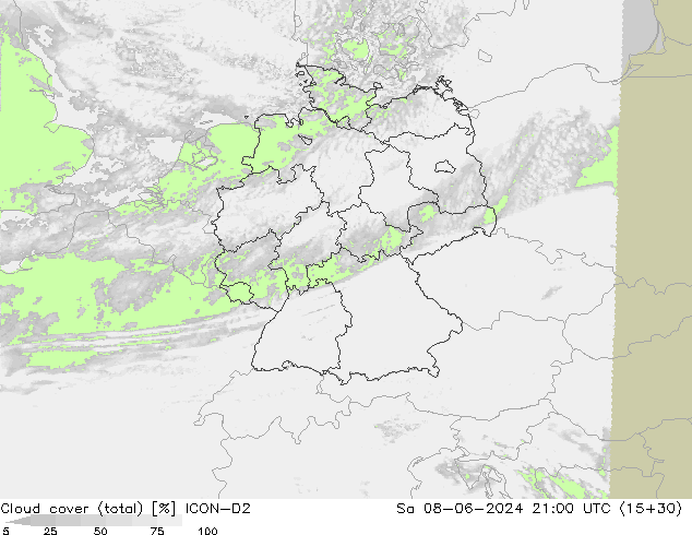 zachmurzenie (suma) ICON-D2 so. 08.06.2024 21 UTC