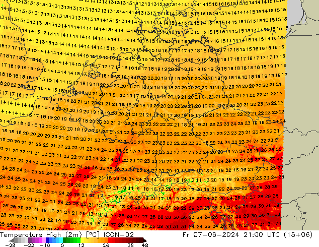 Темпер. макс 2т ICON-D2 пт 07.06.2024 21 UTC