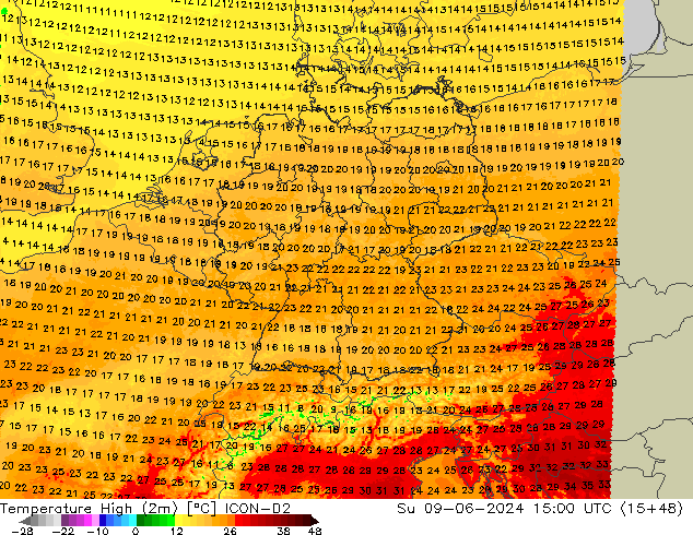 Max.temperatuur (2m) ICON-D2 zo 09.06.2024 15 UTC