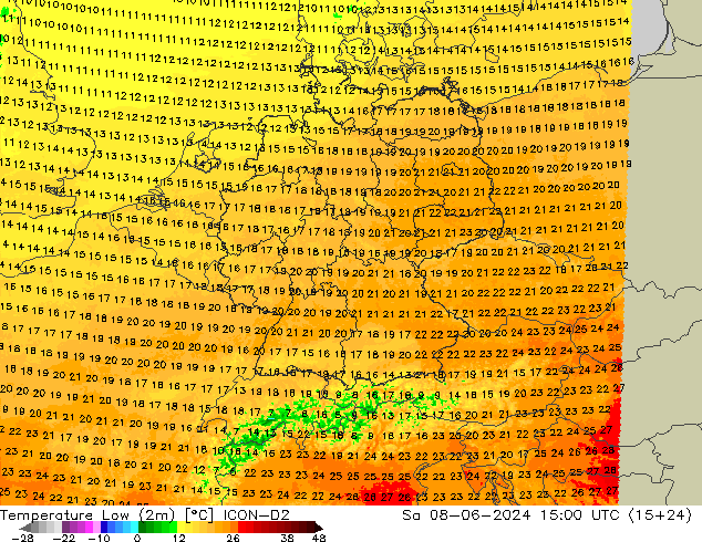Tiefstwerte (2m) ICON-D2 Sa 08.06.2024 15 UTC