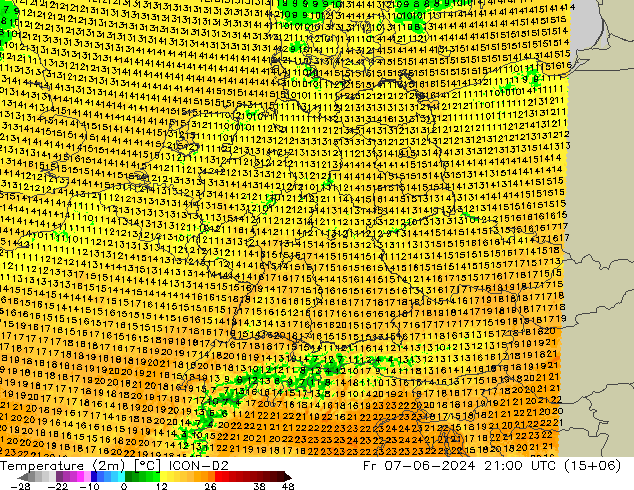 Temperatuurkaart (2m) ICON-D2 vr 07.06.2024 21 UTC