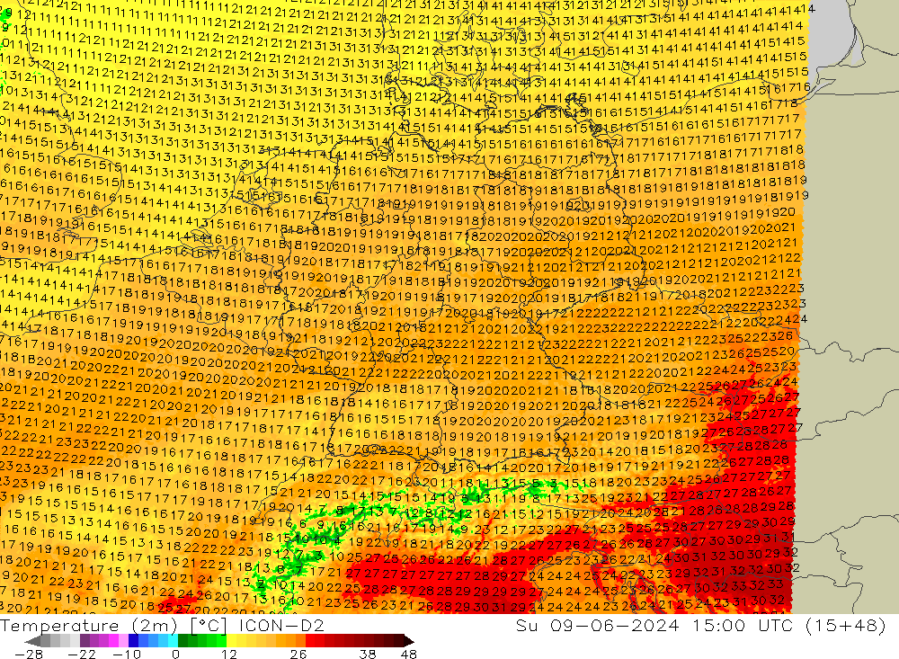 Temperaturkarte (2m) ICON-D2 So 09.06.2024 15 UTC