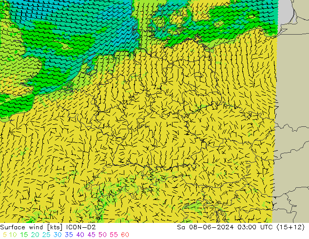 Surface wind ICON-D2 Sa 08.06.2024 03 UTC