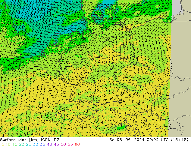 Surface wind ICON-D2 So 08.06.2024 09 UTC