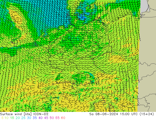 Surface wind ICON-D2 Sa 08.06.2024 15 UTC