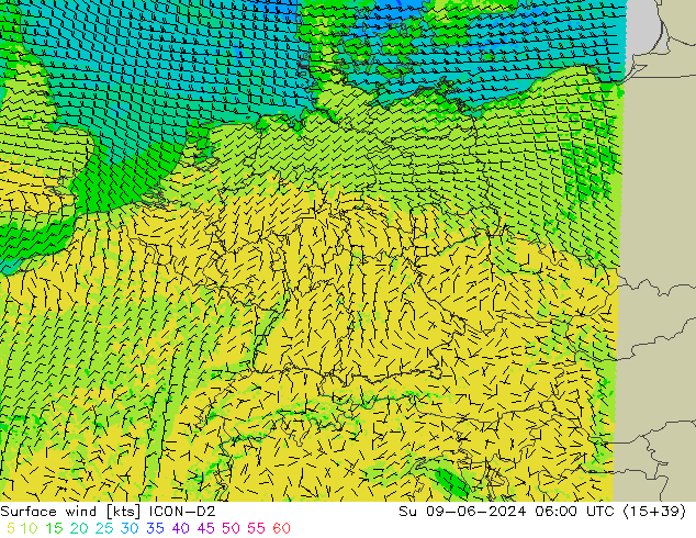 Rüzgar 10 m ICON-D2 Paz 09.06.2024 06 UTC