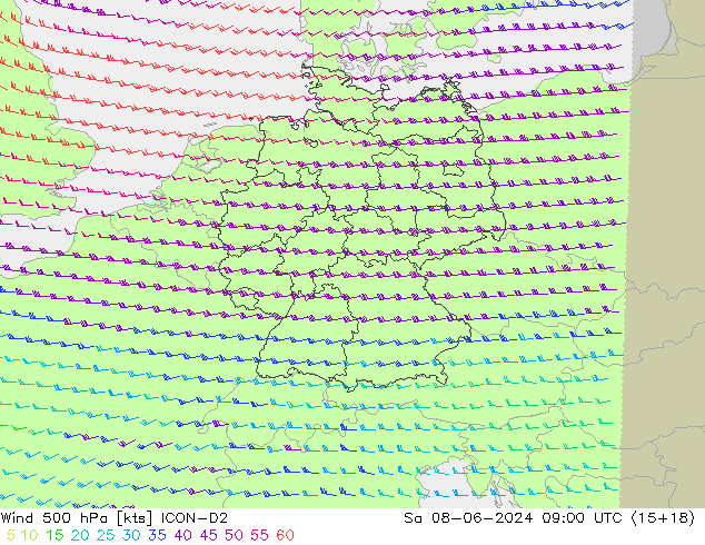 Vento 500 hPa ICON-D2 Sáb 08.06.2024 09 UTC