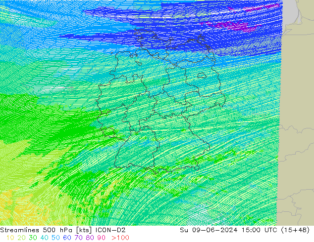 Linea di flusso 500 hPa ICON-D2 dom 09.06.2024 15 UTC