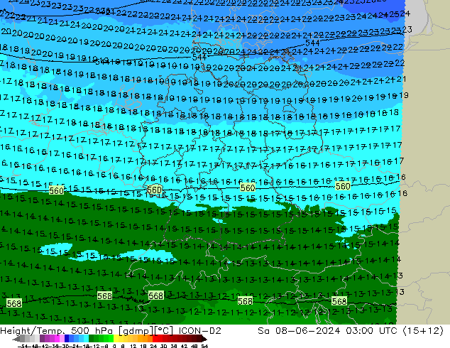 Height/Temp. 500 hPa ICON-D2 Sa 08.06.2024 03 UTC