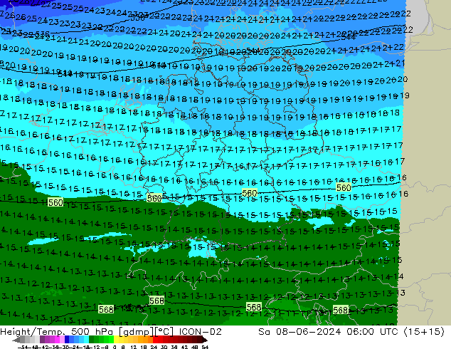 Géop./Temp. 500 hPa ICON-D2 sam 08.06.2024 06 UTC