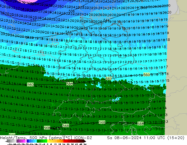 Hoogte/Temp. 500 hPa ICON-D2 za 08.06.2024 11 UTC