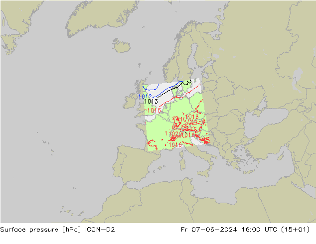 Surface pressure ICON-D2 Fr 07.06.2024 16 UTC