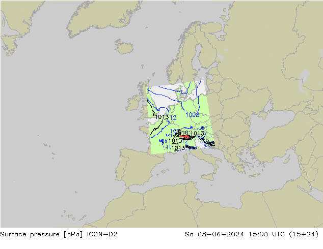 Pressione al suolo ICON-D2 sab 08.06.2024 15 UTC