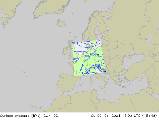 Luchtdruk (Grond) ICON-D2 zo 09.06.2024 15 UTC