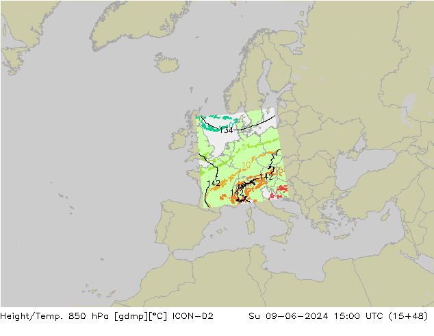 Height/Temp. 850 hPa ICON-D2 nie. 09.06.2024 15 UTC