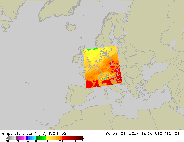 mapa temperatury (2m) ICON-D2 so. 08.06.2024 15 UTC